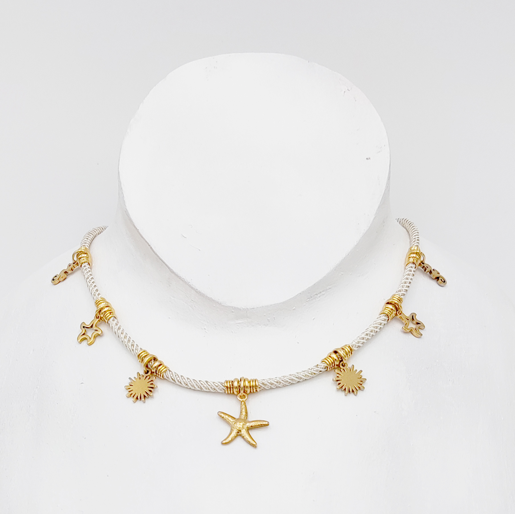 Mybiza Handmade – Cordón 3 en 1 Mujer Ibiza Milano Blanco/Dorado | Pulsera, Colgante y Tobillera | Joyería y Complementos