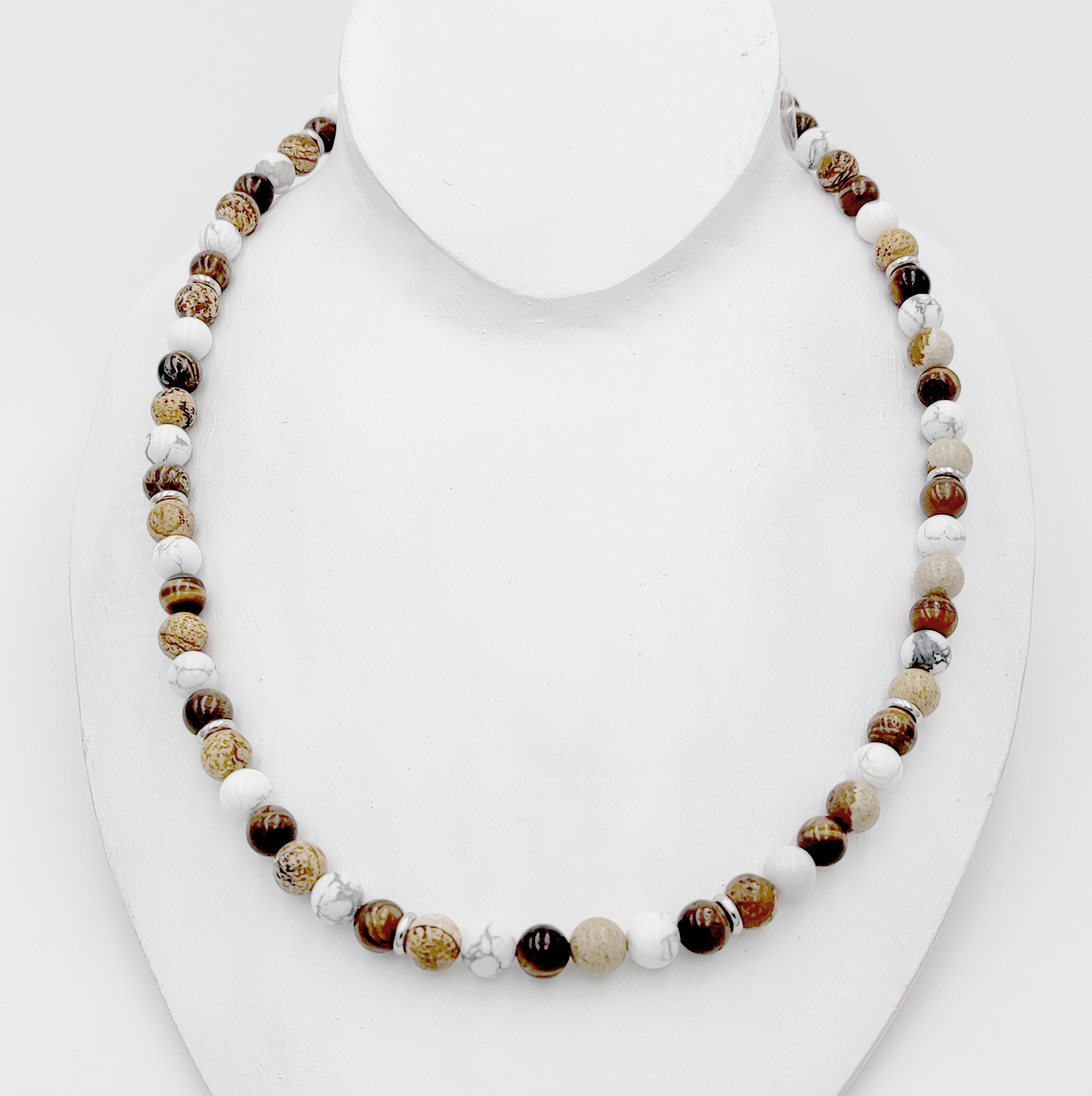 Mybiza Handmade – Collar Hombre Piedras Naturales Ojo de Tigre · Howlita · Paysage  | Diseño 100% Ibiza