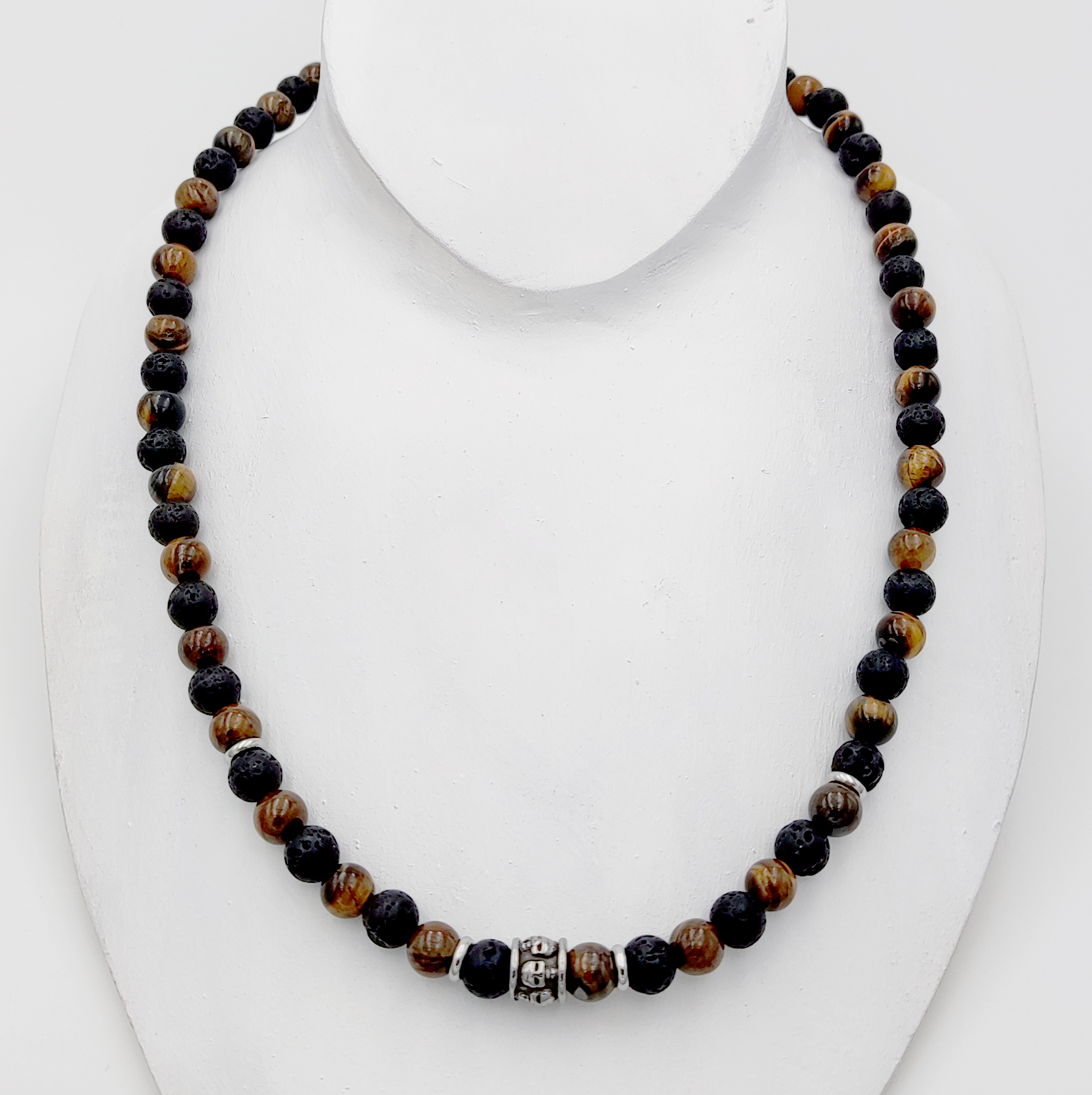 Mybiza Handmade – Collar Tigre Skull 8mm Hombre Piedras Naturales Ojo de Tigre · Lava  | Diseño 100% Ibiza