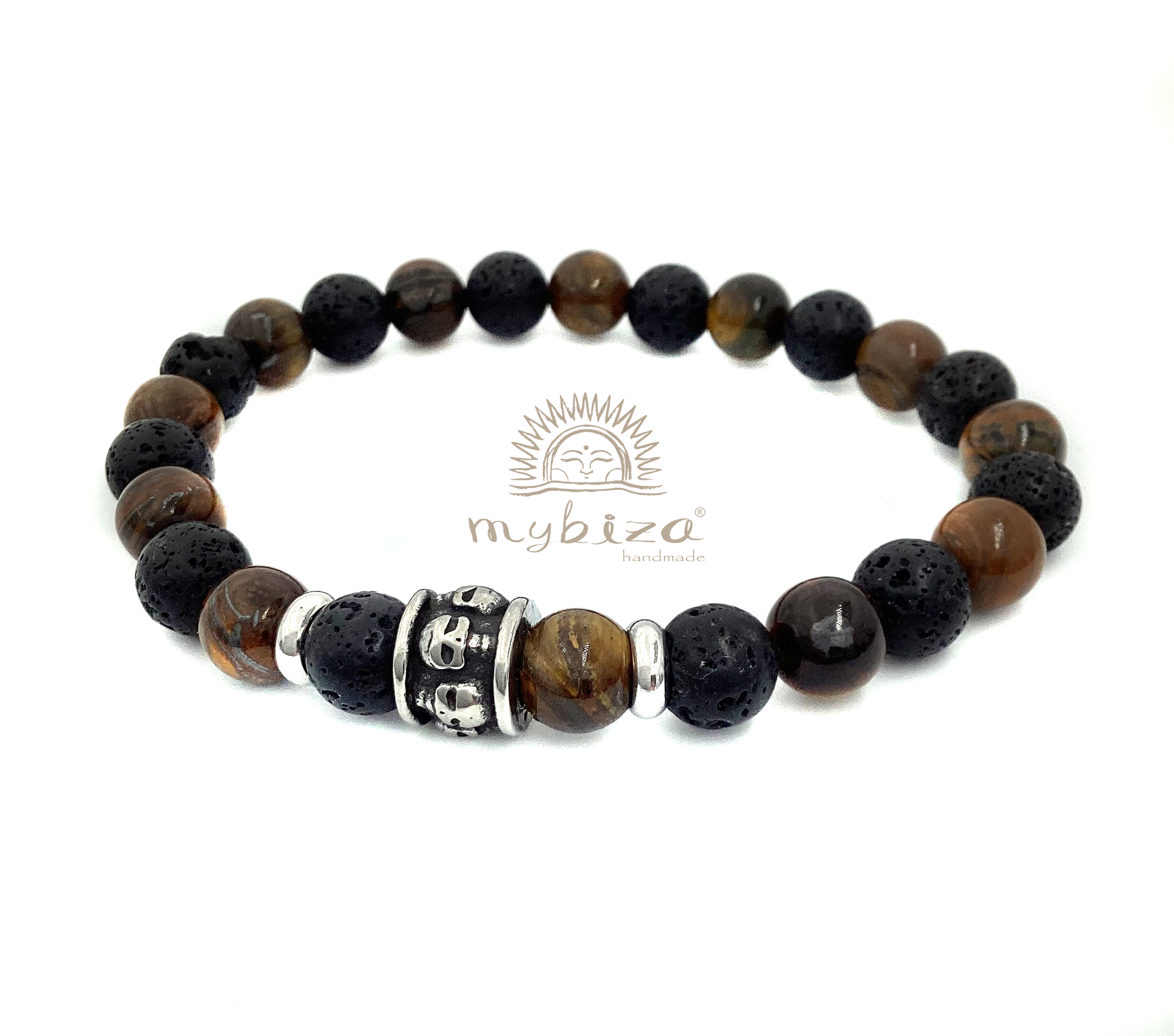 Mybiza Handmade Pulsera Hombre Skull OjoTigre y lava negra 8MM